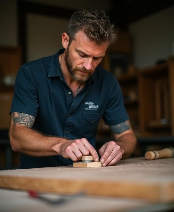 The founder of Artisan Woods Toronto carefully sanding a piece of wood.