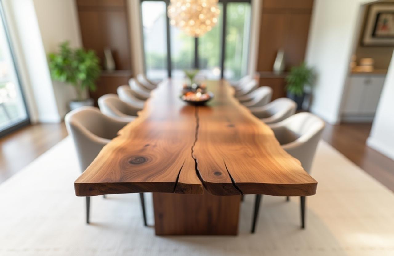 A stunning live-edge walnut dining table in a bright, modern dining room.