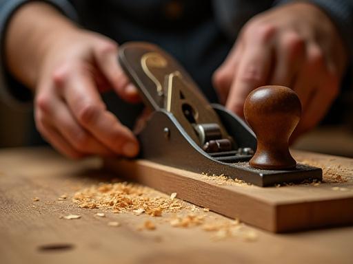 A woodworker's hands using a hand plane on a piece of wood.